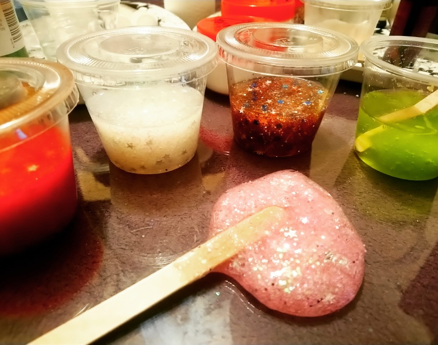 Slimes made with glitter, foam, sequins, coloured